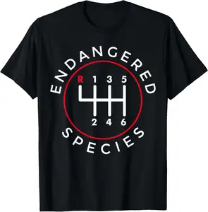 100% Cotton Top Endangered Species Manual Gearbox Stick Shift 6 Speed T-Shirt