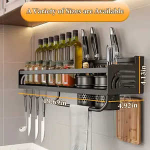 Raybee Storage Spice Rack, Space-Saving Wall-Mounted Kitchen Spice Rack, No-Drill Needed, Carbon Steel Shelf Kitchen Organizer, Spice Jar Organization with Hooks, Perfect for Utensils, Lids, and Seasoning Jars