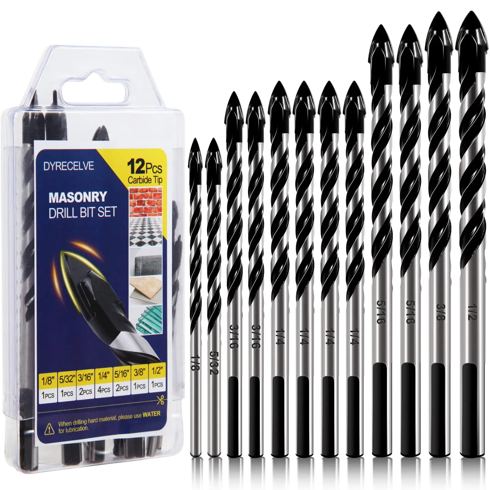 12-Piece Masonry Drill Bit Set - Carbide Tip for Glass Tile Brick Cement Concrete Wood - Professional Strength