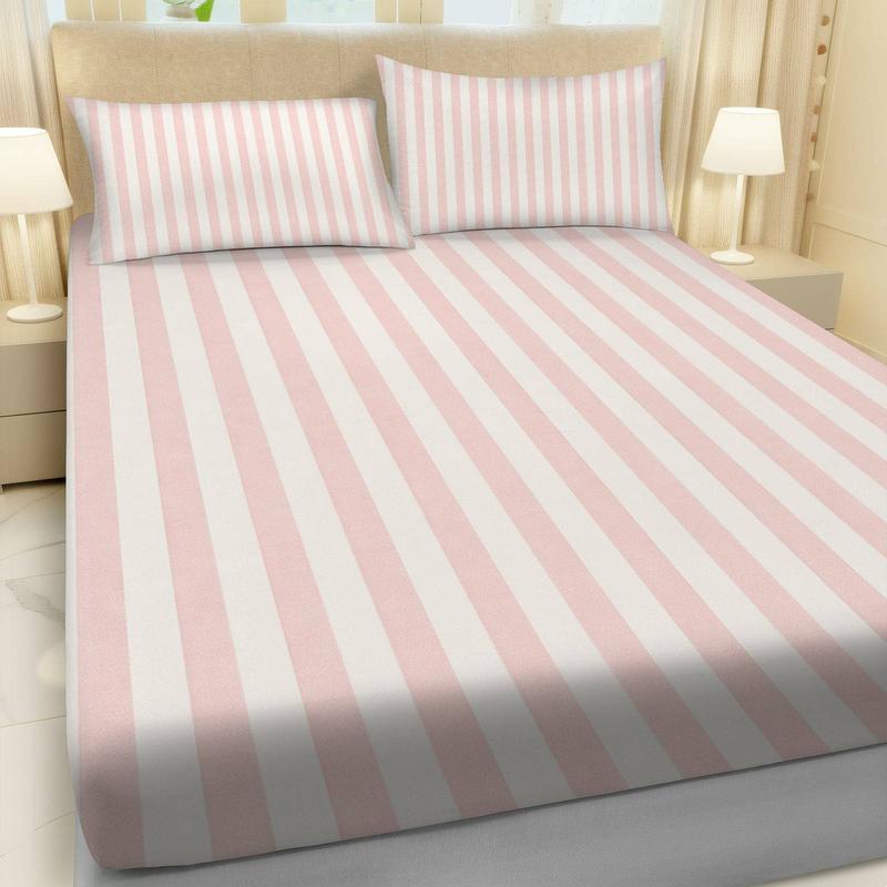 3Pcs Pink White Striped Fitted Sheet Three Piece Set (1*Fitted Sheet+2*Pillowcases, Coreless), Modern theme, Stripe Pattern Bedding Set, Mattress Protector Soft, Breathable