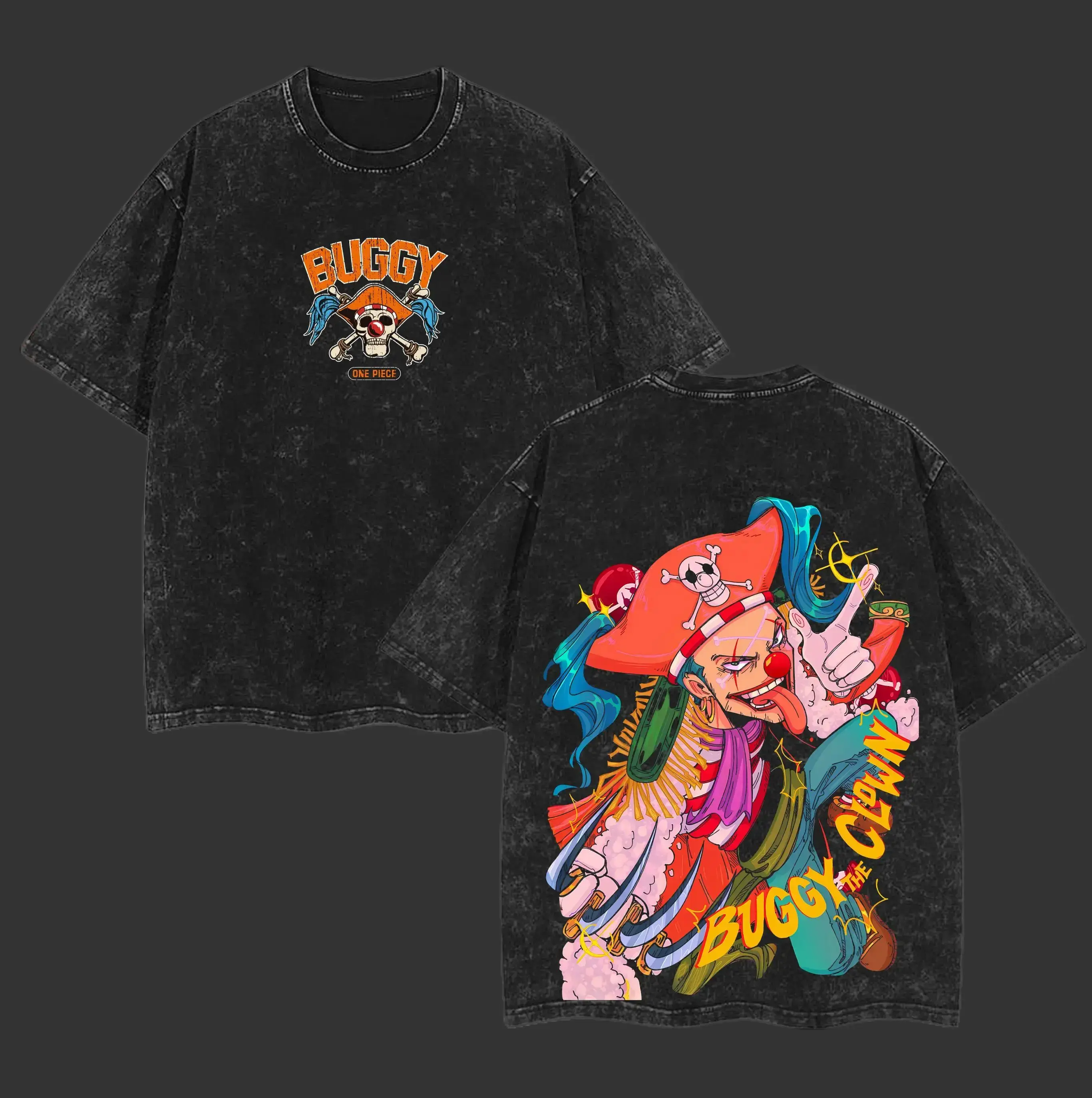Buggy "The Clown" - One Piece Anime Double Printed Vintage Washed Tee Unisex Oversize Heavyweight Cotton T-shirt for Anime Fans, Anime Lover,Oversized Anime Tee