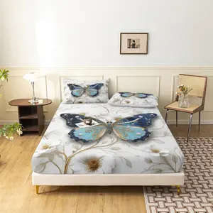 3Pcs Luxury Blue & Pink Butterfly Floral Print Microfiber Bed Fitted Sheets Sets, Including 1 Count Fitted Sheet & 2 Counts Pillowcase Without Filler, Soft Comfortable Bedding Set For Home Bedroom, Decorative Bedsheet Sets, Breathable Durable Sheets
