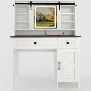 Smart Vanity Desk with Illuminated LED Mirror, Integrated Charging Hub, 3 Spacious Drawers, Cabinet and Shelves for Ample Storage, Matching Stool Included – Contemporary Bedroom Dressing Table for Women and Teens