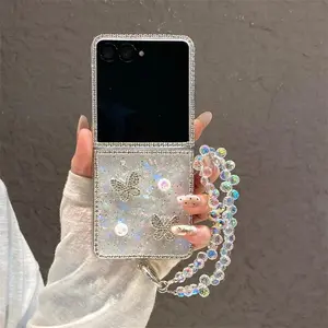 Luxury 3D Butterfly Diamond Shell Pattern Phone Case For Samsung Galaxy Z Flip 3 4 5 6 7 FE With Wrist Chain Shockproof Cover