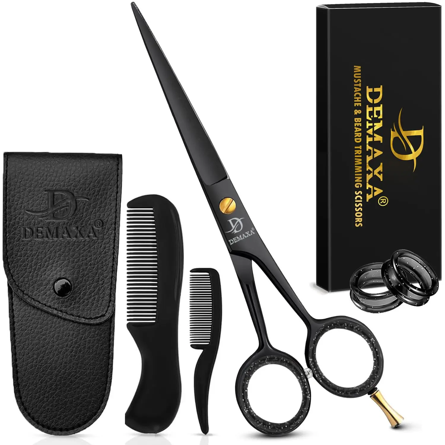 DEMAXA 5" Professional Men's Beard Scissors Kit - Includes Mustache Scissors, 1 Mustache Comb, 1 Beard Comb, Soft Pouch - Ideal for All Facial Hair Grooming
