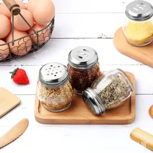Vintage Style Parmesan Cheese Shaker Set of 2 Glass Spice Jars, Kitchen Utensils with Slotted Stainless Steel Tops for Salt, Pepper, Bulk Seasonings