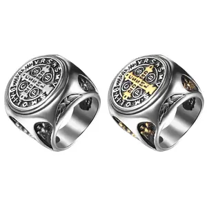 Men's Stainless Steel Order of St. Benedict Ring-Exorcism Pattern Seal Ring with Cross Pendant, Size 8-13, Durable Religious Ornament Men's gift comes with exquisite gift box packaging