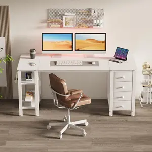 Lufeiya White Computer Desk with Fabric Drawers & Storage Shelves 55 Inch Study Work Writing Desk for Home Office Bedroom Simple Modern Cute PC Desks Table White Wood Workstation