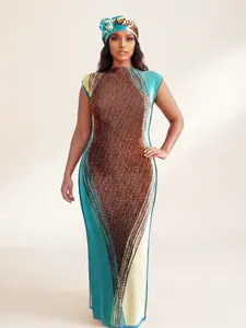 Women's Elegant Patchwork Design Long Dress Set, Slim-Fitting Moo Moo Robe & Scarf, Beach Sun Protection Shawl for All Seasons