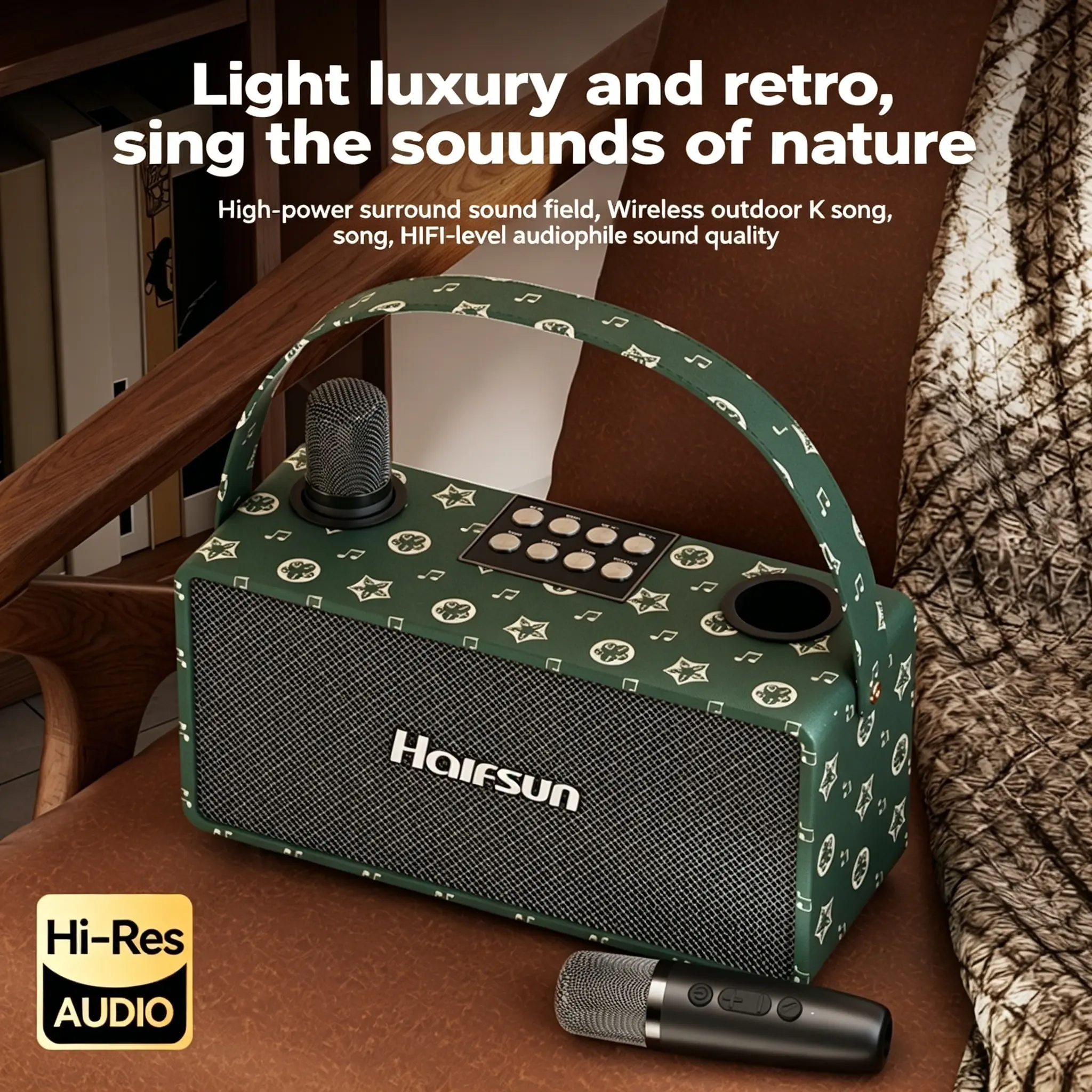 T191Karaoke Speaker, Bluetooth Speaker, Wireless Dual Microphones, Portable, Hi-Fi Sound Quality, DSP Chip, Retro Style, High-Power Surround Sound, High-Fidelity Audio—The Perfect Choice for Family Gatherings, Camping, and Parties, Portable Speaker Blueto