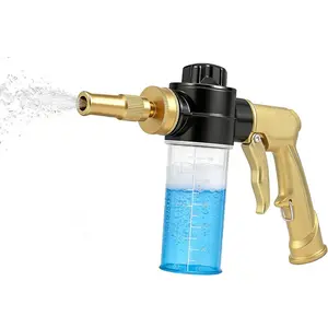 High Pressure Garden Hose Nozzle with Soap Dispenser, Adjustable Foam Sprayer with Metal Handle, Water Nozzle for Car Washing, Solar Panel Cleaning, Gardening, Pet Showering (Gold)