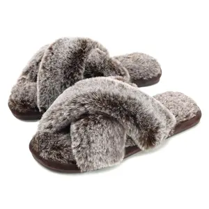 Cozyfurry Womens Cross Band Slippers Cozy Furry Fuzzy House Slippers Open Toe Fluffy Indoor Shoes Outdoor Slip on Warm Breathable Anti-skid Sole 7-8 Tip Coffee slippers women women's  slippers