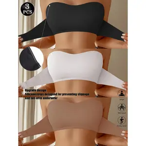3 Piece Set Strapless Bandeau Bra Front Buckle No Wire Bra, Summer Seamless Bra, Solid Color Seamless Bra, Sexy and Comfortable Gathering Bra, Women's Smooth Backless Top Underwear, Women's Lingerie Bra