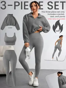 Women's Solid Zip Up Crop Pullover & Tank Top & Legging Three-piece Set, Casual Sporty Outfits for Yoga Gym Workout Running, Women's Sportswear for Fall & Winter, Gym Clothes Set