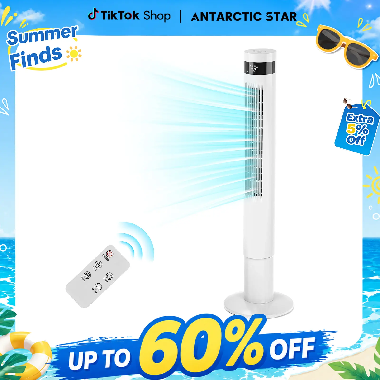 【Not Air Conditioner】Antarctic Star 43in Tower Fan - 85° Oscillation, 12H Timer, Remote Control, Quiet Operation, Instant Airflow, Easy-to-Use for Bedroom, Home Office