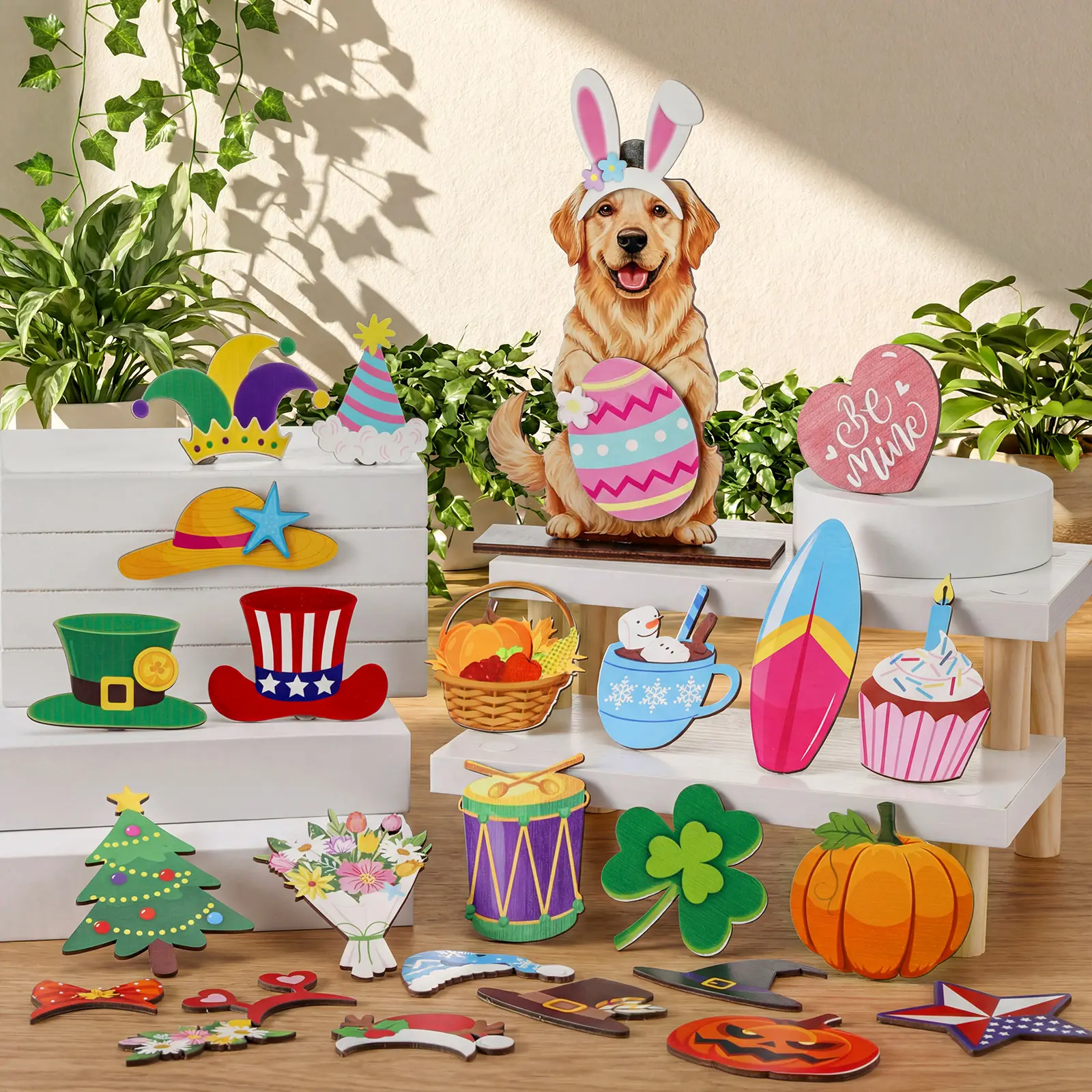 Cute Animal Wooden Desk Sign Interchangeable Magnetic Ornament with Detachable Hats, Cat Golden Retriever Labrador Dachshund Highland Cow Tabletop Decor, Seasonal Summer Holiday Birthday Gift for Pet Owners & Animal Lovers