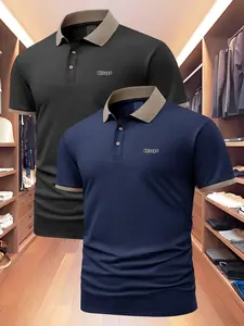 Men's Two-Piece Polo Shirt Set, Short Sleeve Regular Fit Business Casual Breathable Collared Top, Comfortable Unisex Polo