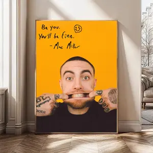 [NO FRAME] "Be You. You'll Be Fine." Mac Miller Tribute, Canvas/Fine Art Paper, High-Resolution Portrait with Yellow Background & Motivational Handwritten Quote, Music Fans & Hip Hop Enthusiasts, Modern Wall Art Poster