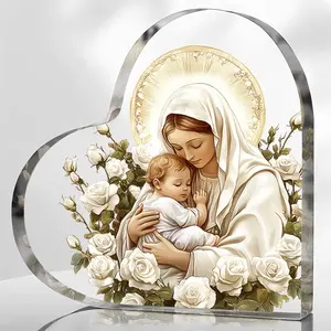 Mary & Baby Jesus Pattern Acrylic Ornament, Bohemian Style Religious Home Decor Figurine with Roses, Ideal for Bedroom & Dining Table Decoration