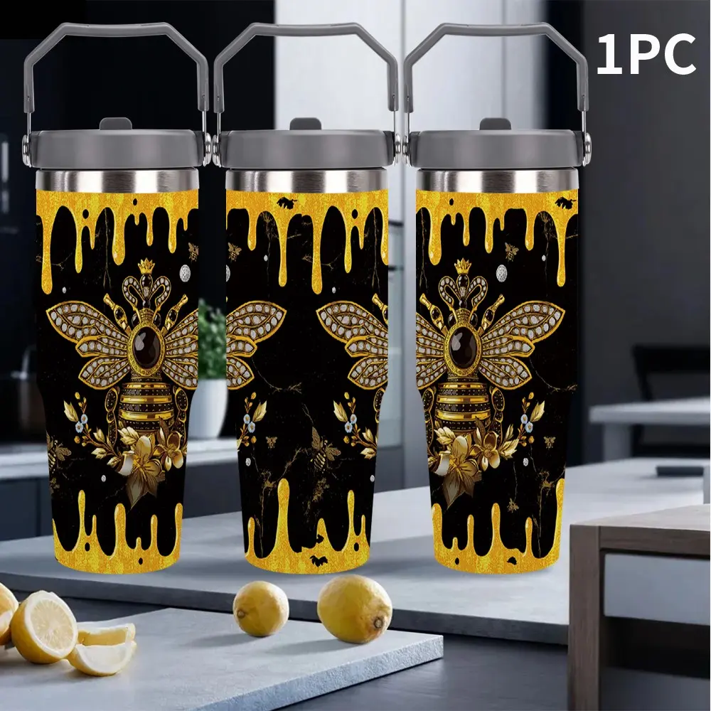 30oz golden bee insulated travel cup (with handle), black and gold honey-seeping stainless steel vacuum cup, suitable for women, leak-proof insulated cup. Very suitable as Christmas gifts, Valentine's Day gifts, graduation gifts, New Year gifts