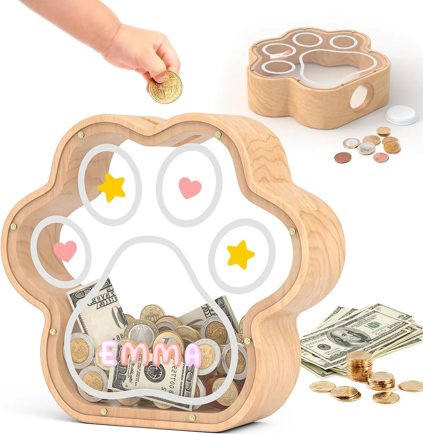 Wooden Piggy Bank for Kids, Natural Cat Dog Paw Coin Bank with Stickers | Large 7-Inch Piggy Bank for Boys and Girls, Cute Nursery Decor, Encourages Saving Habits, Ideal Baby Shower and Birthday Gift