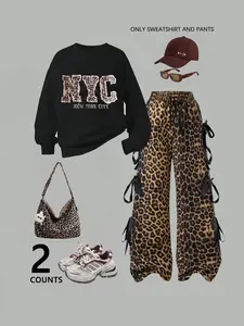 Women's Street Style Sweatshirt Set, Casual Fitted Leopard Print Pants, Fashionable Retro Simple Design, All Seasons Wear