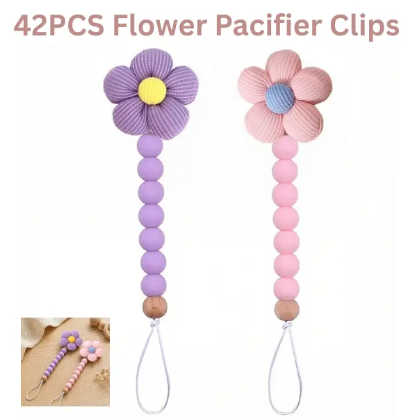 42PCS Flower Pacifier Clips Silicone Bead DIY Pacifier Clip Kit for Baby Girls Summer Gift Birthday Gift