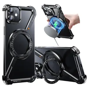 Magnetic metallic Skeleton Shaped Phone Case with 360 Degree Rotatable Stand, Drop Protective Shockproof Phone Cases for iPhone 16 15 14 13 Pro Max, Cover, Casing