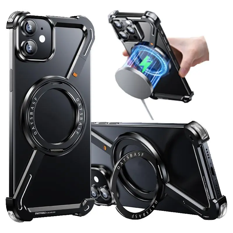 Magnetic Attraction Suction Frameless Phone Case with 360 Degree Rotatable Stand, 1 Count Drop-proof Phone Protective Cover, Phone Accessories for iPhone 15 14