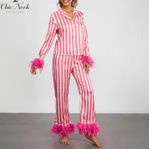 Women's Satin Pajama Set, Long Sleeve Lapel Neck Striped Tops + Elastic Waist Patchwork Feather Pants Sleepwear Outfit