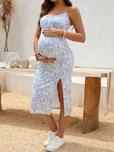 DAISY x Maternity Floral Print Holiday Dress With Side Slit Hem And Spaghetti Straps Boho/Bohemia Vacation Outfits Blue Maternity Dress Sundress Summer