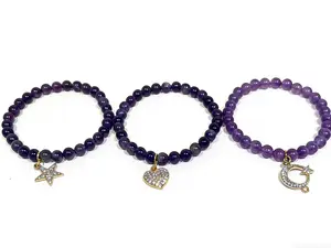 zjtz Purple Beaded Bracelets with Heart Star and Moon Charms for Women's Fashion Accessories
