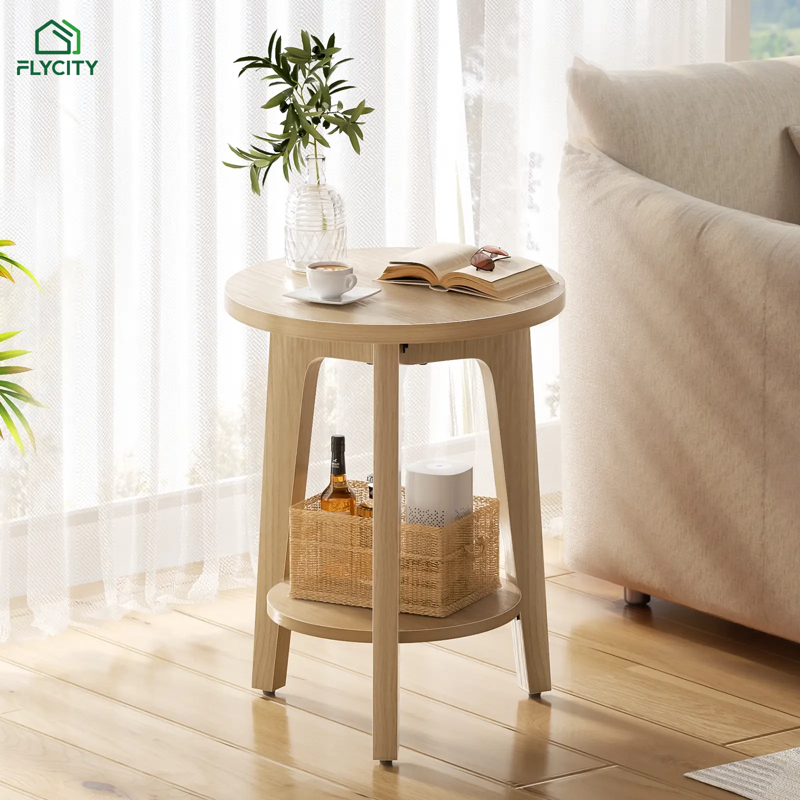 Flycity Side Table,Modern Small Round Table with Storage Shelf – Nightstand for Small Spaces,Bedroom & Living Room Furniture