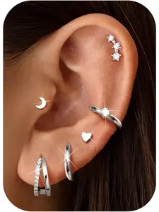 6 Pairs Silver Stud Hoop Earrings Set for Women Chunky Gold Earrings Stud Hypoallergenic Earring Sets for Multiple Piercings Cartilage Earrings Small Huggie Hoop Earrings Set