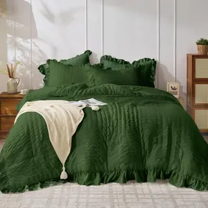 Dark Green Queen Comforter Set, 3 Seersucker Comforters Queen Size, Lightweight & Fluffy Bedding Sets Queen for All Season with 1 Ruffle Comforter and 2 Ruffle Pillowshams