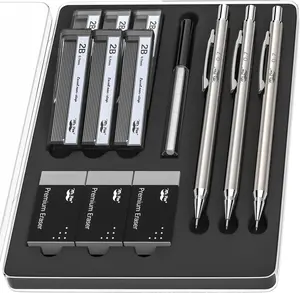 Metal Mechanical Pencil Set, 0.7mm, 3 Pack For Sketching Drafting School and Office Supplies