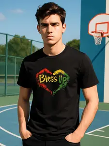 Rasta Reggae Music T-Shirt - Rastafari Colors Rasta Hand-Heart Jah Bless Up Print - Soft Cotton Casual Tee for Daily Wear, Travel & Outdoor - Retro Love Festival Apparel