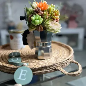 Handmade Decorative Candle in a Cuban Moka Pot – Succulent Bouquet Design