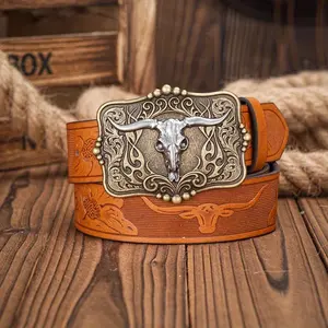 Men & Women-Western-Cowboy-PU Leather-Belts - Vintage horse Belt Floral Engraved Buckle Belt for Jeans Brown