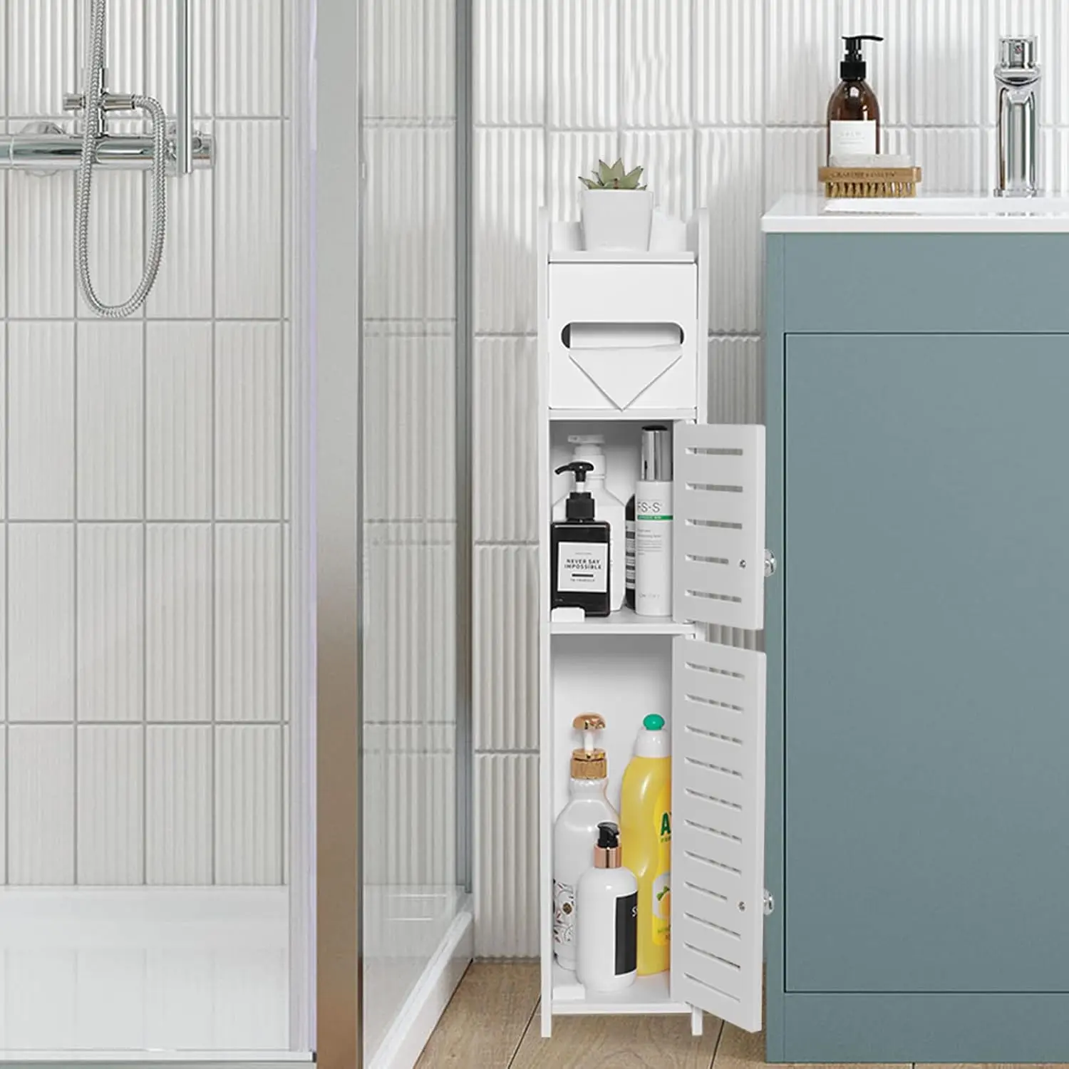 Space-Saving Modern Plastic PVC Over-The-Toilet Storage Cabinet - Slim Double-Door Unit with Shelves for Small Spaces, Skinny Bathroom Corner Floor Use (White), Double Doors, Easy To Wash