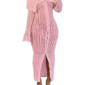 Pink Textured Off-Shoulder Knit Dress with Front Split & Long Sleeves