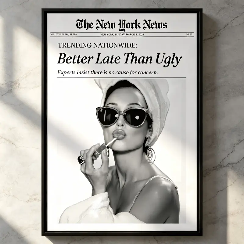 Wood Framed Gallery Wrapped Canvas,12x18In Audrey Hepburn Better Late Than Ugly Framed Bathroom Art | Premium Black Natural OAK Wood Frame with Canvas Print, Vintage Fashion Wall Decor for Bedroom, Apartment Girl Dorm,Girly Decor,Wall Hanging