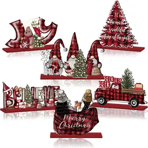 6 Pcs Christmas Table Decorations, Winter Centerpiece Buffalo Plaid Gnome Signs, Farmhouse Wooden Table Top Signs