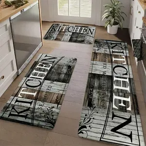 3-Piece Non-Slip Kitchen Rug Set - Rustic Wood "Seasoned with Love" Washable Mats & Floor Runner for Kitchen Sink, Laundry & Farmhouse Decor
