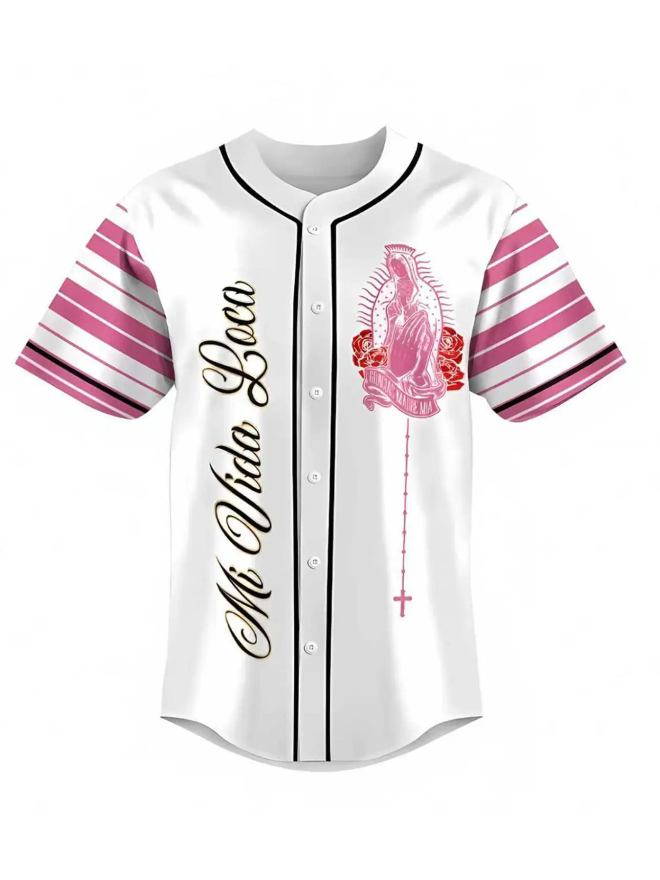 Mi Vida Loca Virgin Mary black design baseball jersey, Casual Sports Style Jersey, Sports Slim Fit, suitable for both men and women, streetwear, patterned T-shirt, versatile for daily use by Virgin Mary, Sports Tops