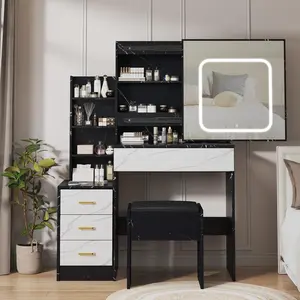 Vanity Desk with Sliding Mirror and Lights, Makeup Vanity Set with Power Outlet, 4 Drawers, Stool, Open Shelves, 3 Color Lighting Modes, Dressing Table for Bedroom, Marble-Black&White
