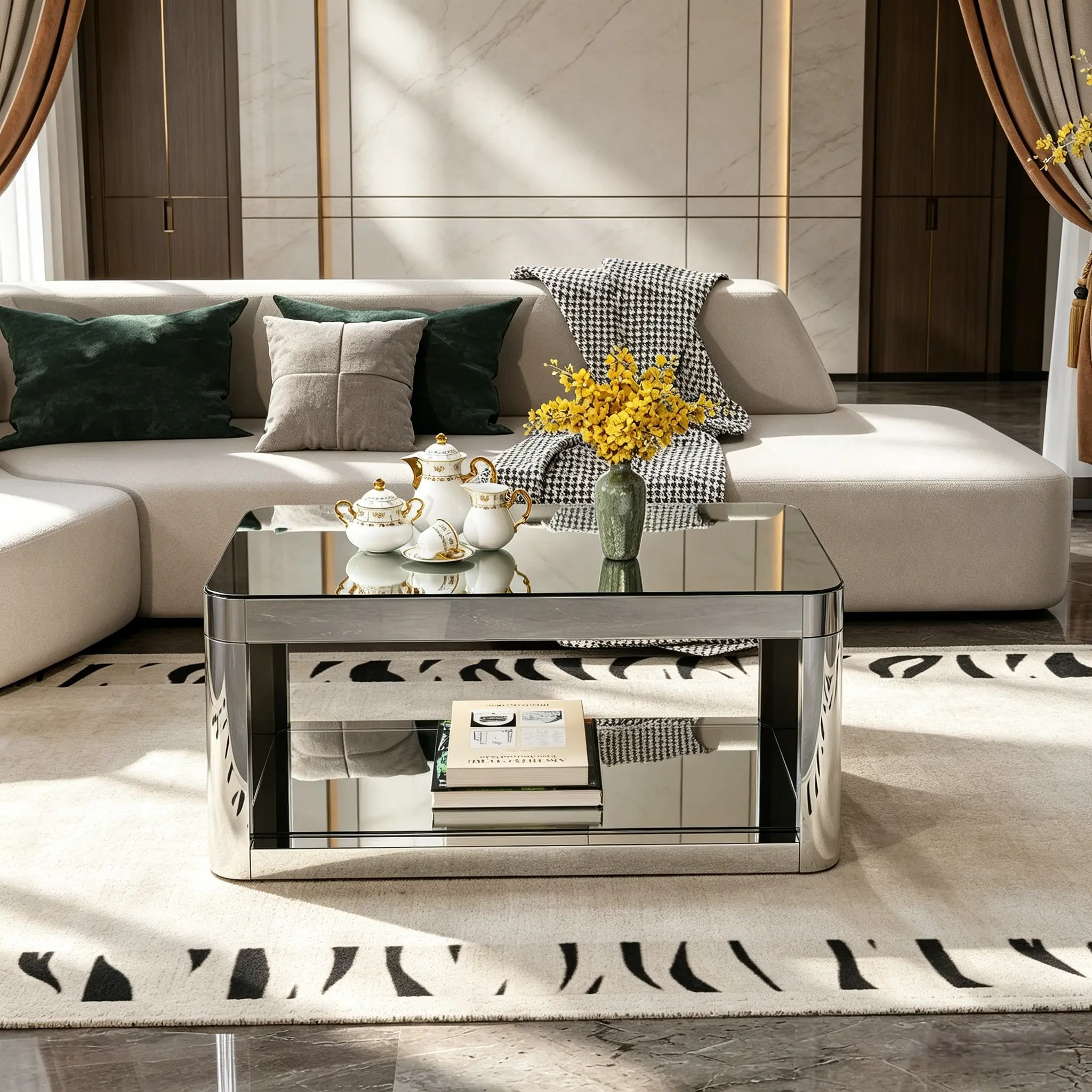 Modern Square Luxury Coffee Table with Tempered Glass Top and 2 Storage Spaces for Small Apartments and Living Rooms