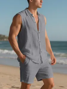 Men's Solid Linen Blend Sleeveless Two-Piece Set, Button Front Chest Pocket Shirt & Drawstring Shorts, Breathable Beach Vacation Casual Wear