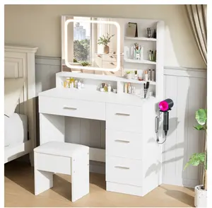 Vanity Set with Stool,Smart LED Mirror Makeup Vanity Set with Power Outlet,Vanity Dressing Table for Bedroom,White