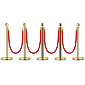 GARVEE 5PCS Stainless Steel Stanchion Posts with 5 FT Red Velvet Ropes and Gold Poles, Hollow Base Safety Barriers Set Ideal for Schools, Museums, Parties, Festivals, and Special Occasions